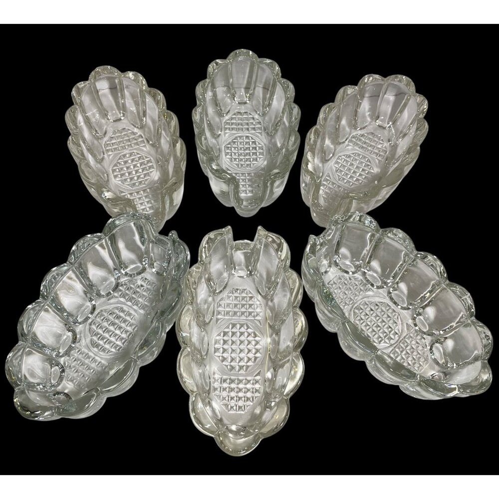 Set Of 6 Vintage Glass Oval Utensil Serving Dishes with Scalloped Edges & Textur